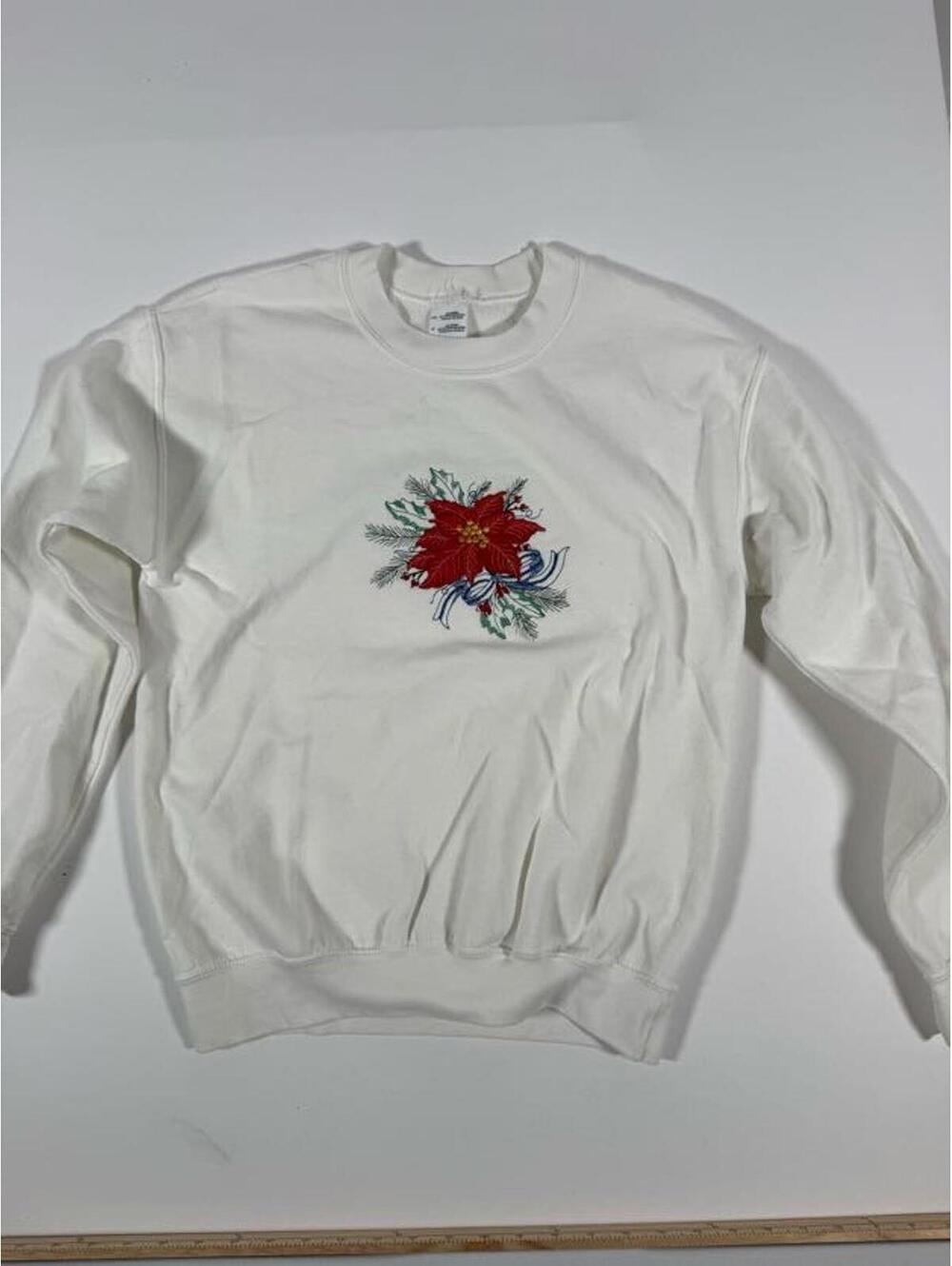 White Sweatshirt with Embroidered Poinsettia Floral Design